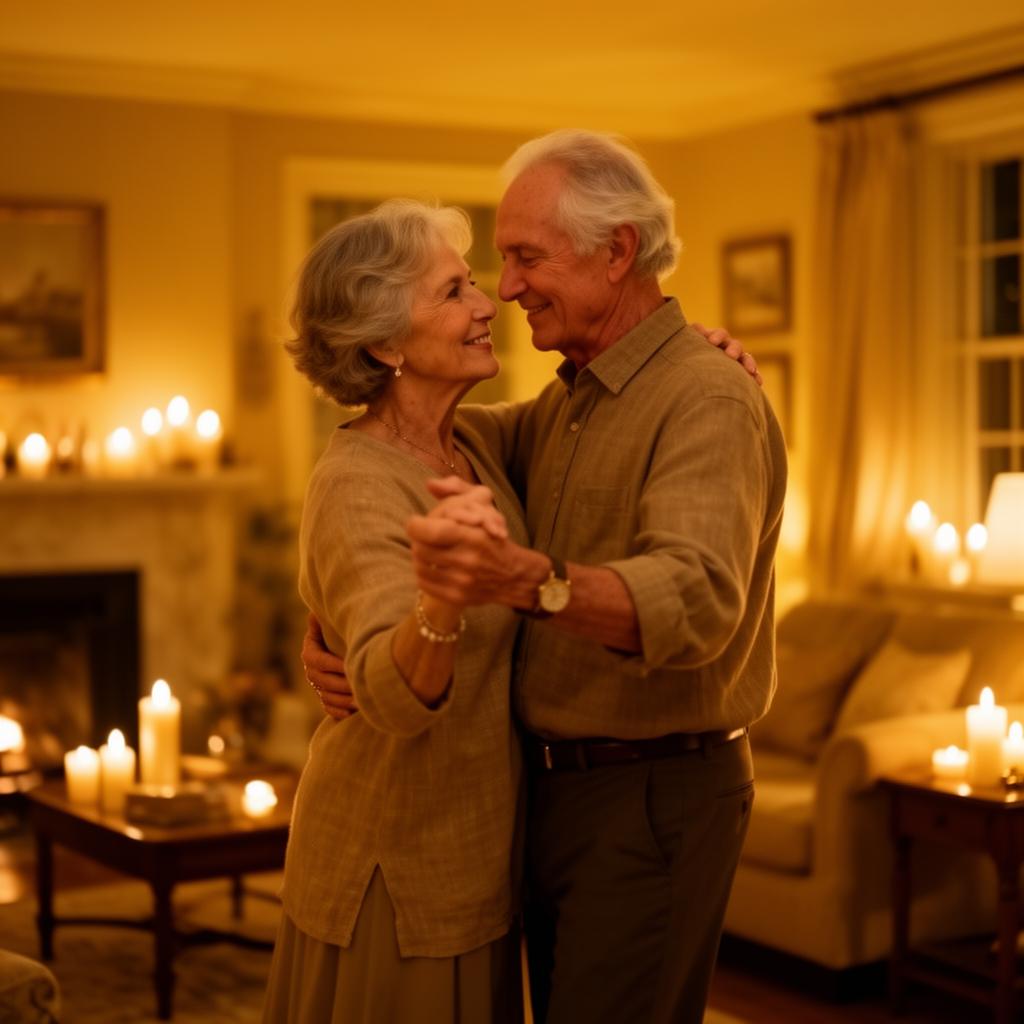 A couple slow dancing by candlelight