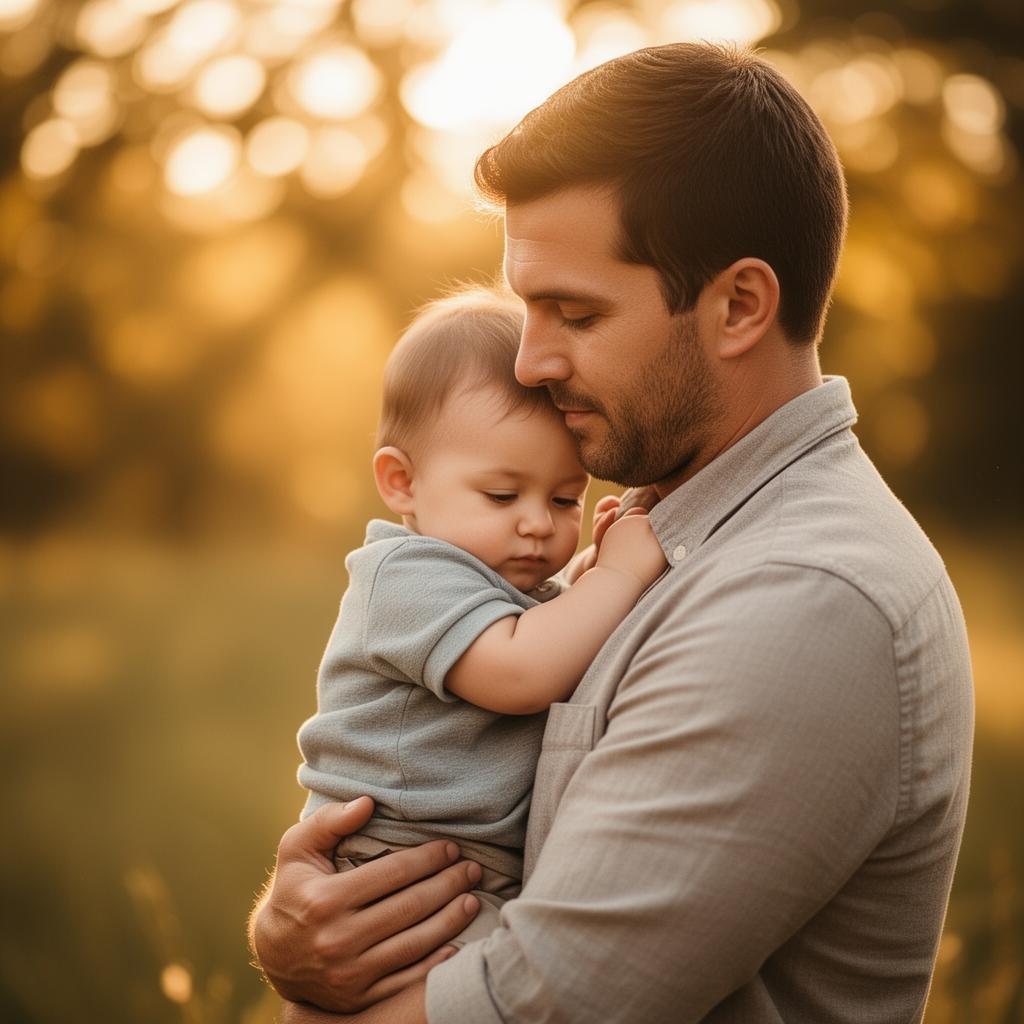 A father holding his child close at golden hour