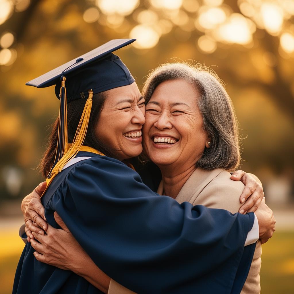 A graduate embracing a proud family member
