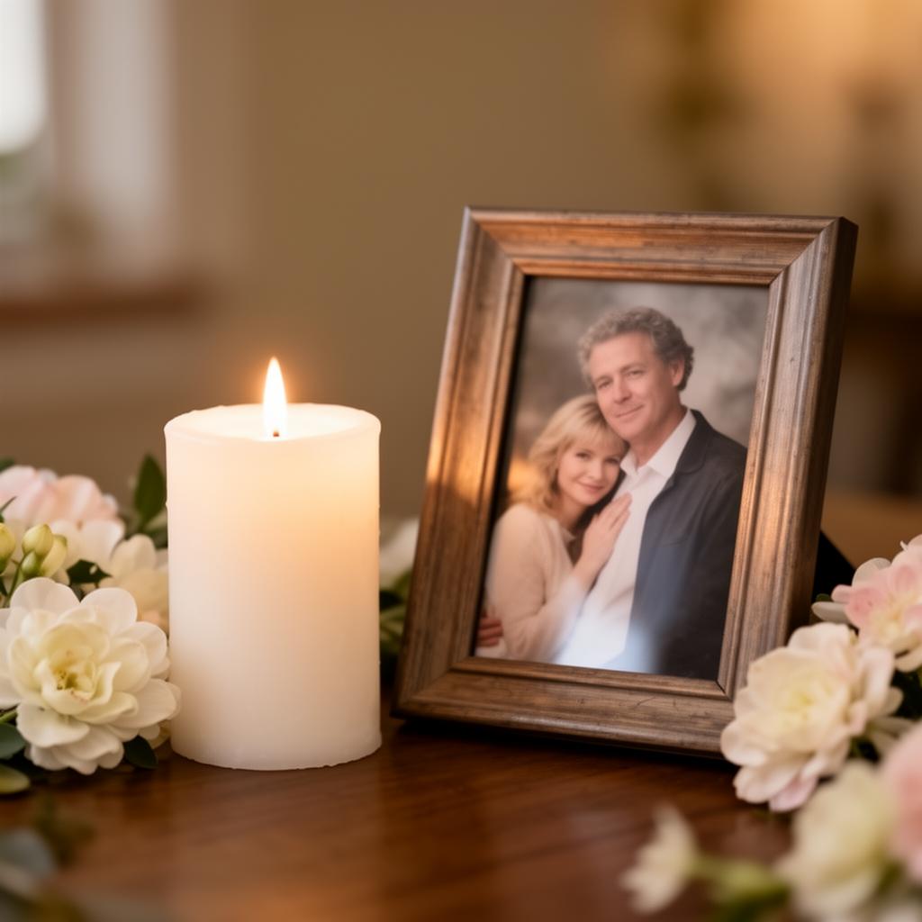 A candle beside a framed photo and flowers