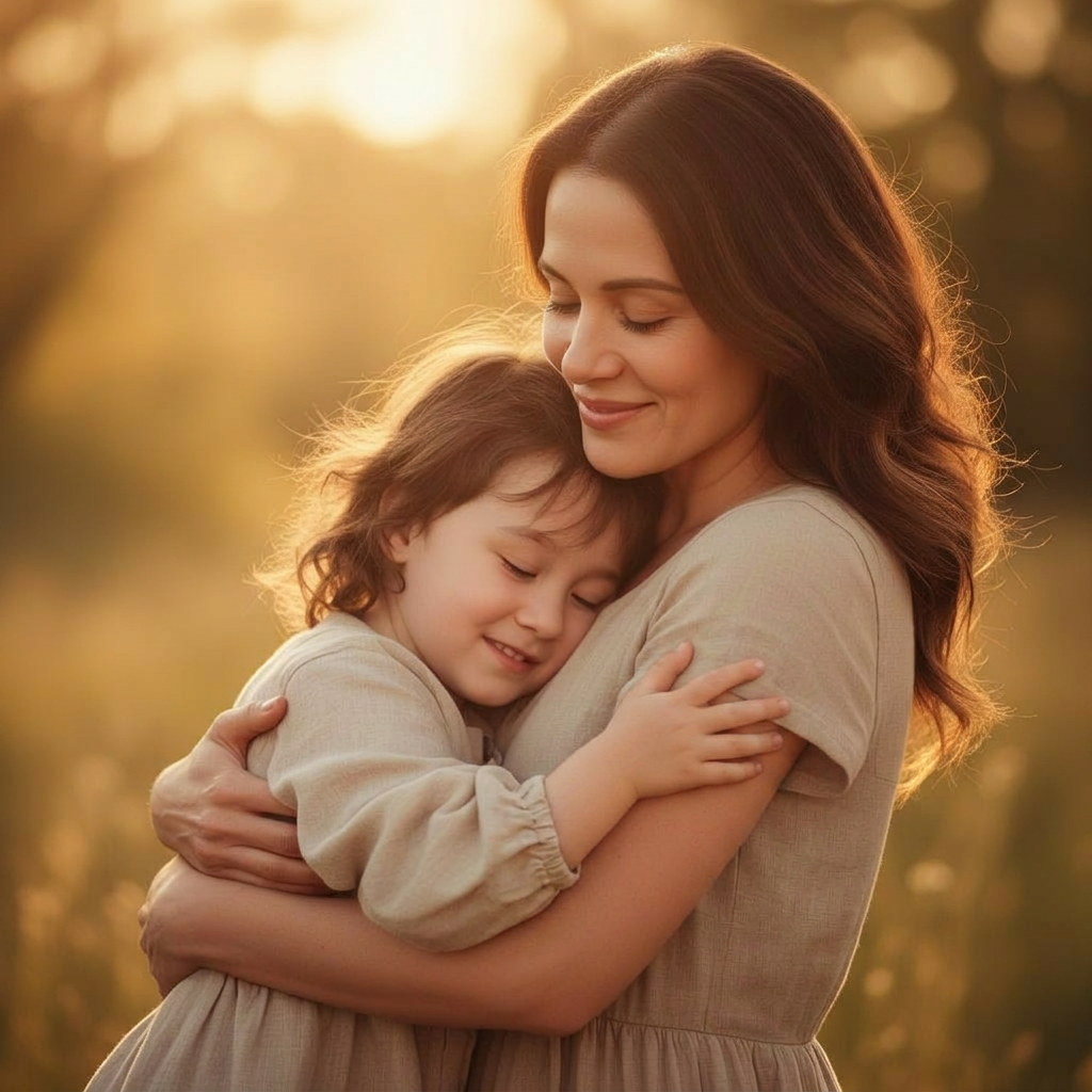 A mother and child embracing in warm light