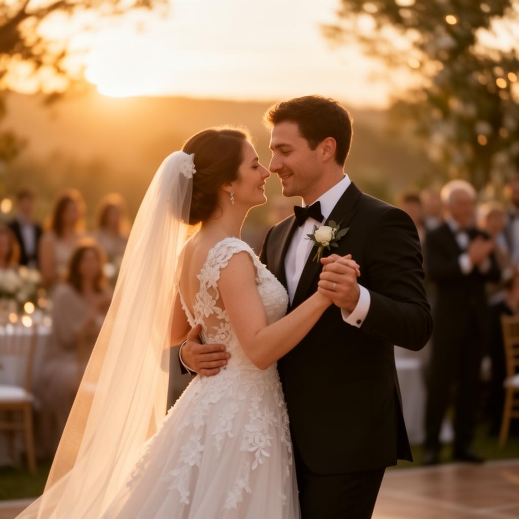 A bride and groom sharing their first dance at sunset